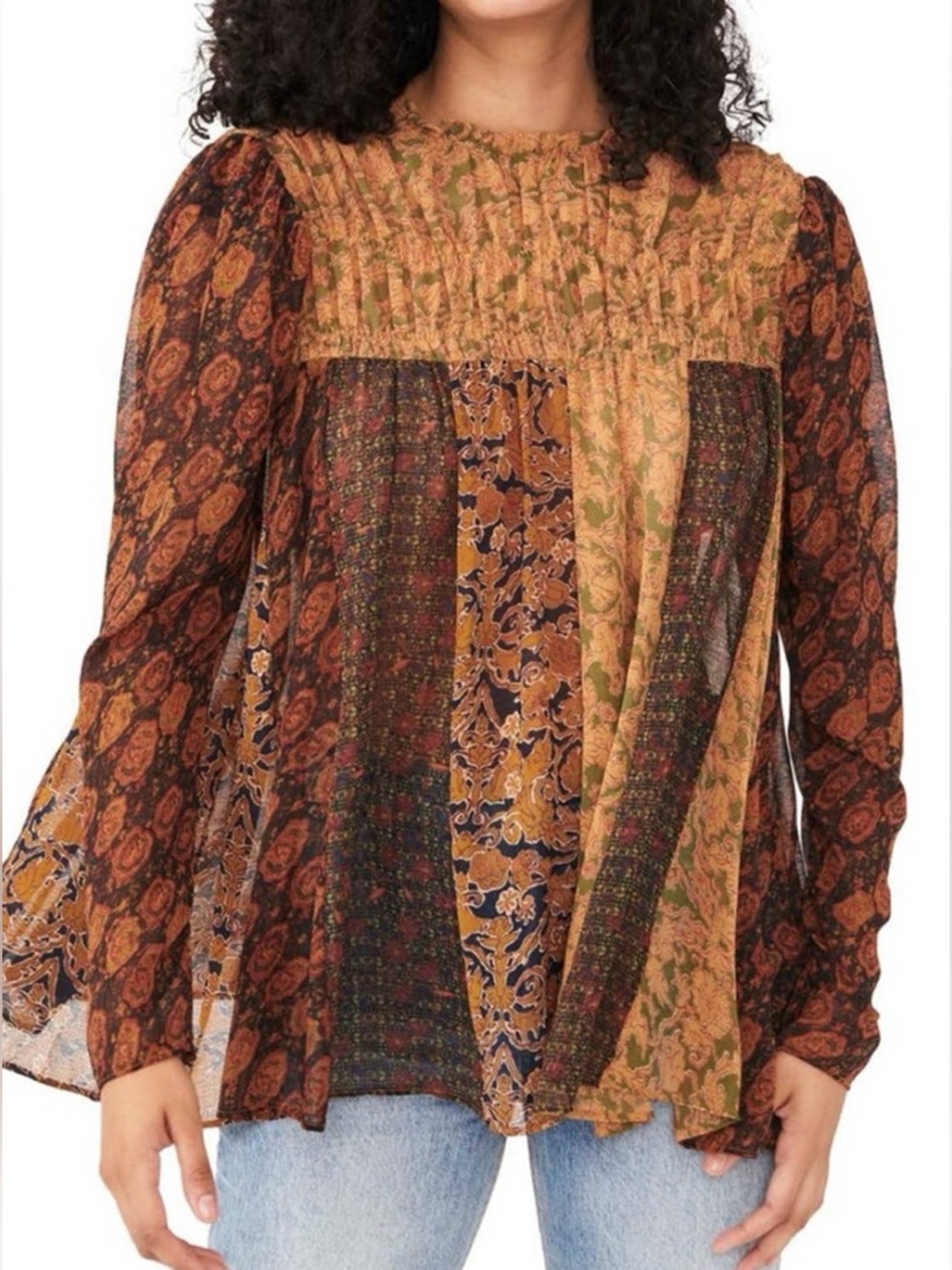 Free People Dark Multicolor Mixed Print Patchwork Sheer Blouse - Size S